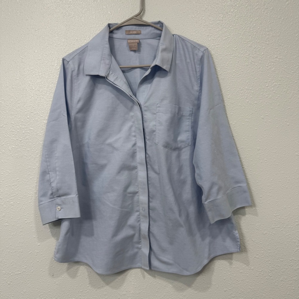 Chicos No Iron Button Down Shirt Light Blue 3/4 Sleeve Cotton Size 2 US 12/14